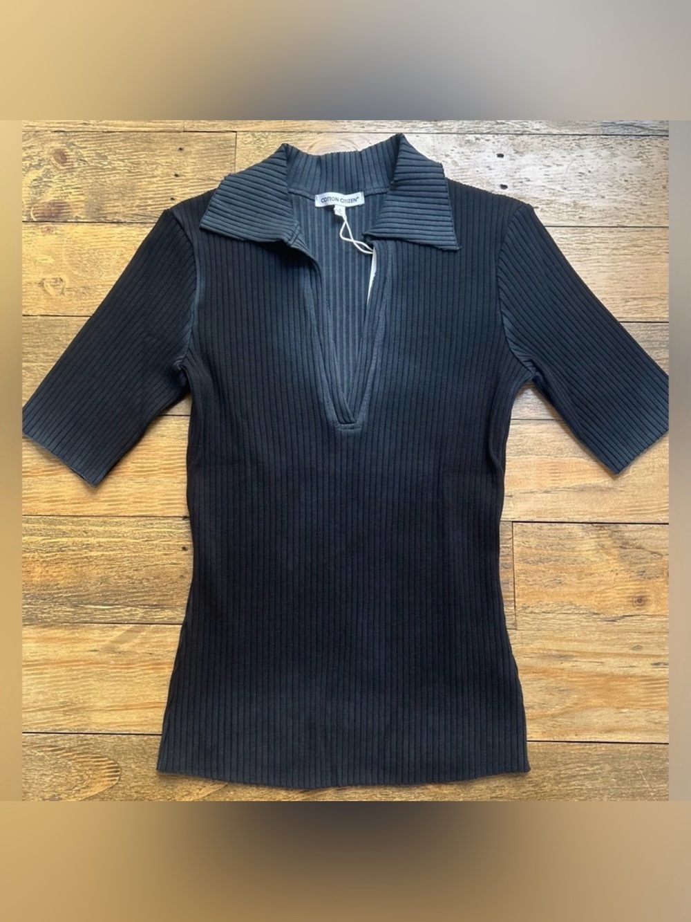 COTTON CITIZEN Ribbed Ibiza Polo Short Sleeve Tee Vintage Black in Small Preppy - Picture 4 of 12